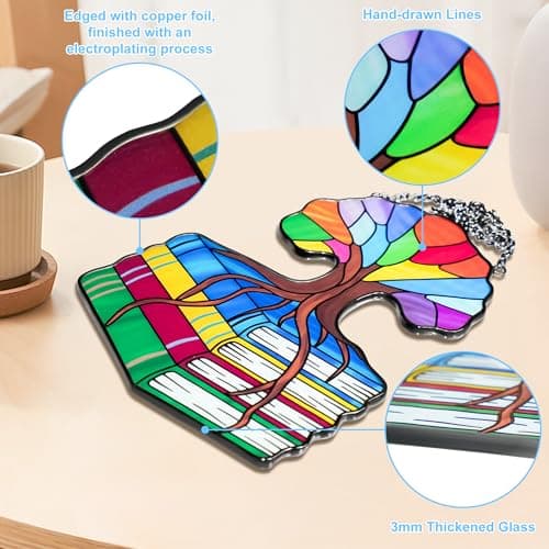AQGQTQ Stained Glass Window Hanging, Colorful Book Tree of Life Sun Catchers, Book Lover Gifts for Women, Suncatcher Hanging Literary Decor for Birthday for Women, Men, Wife, Aunt, Mom view 2