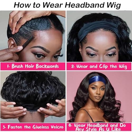 JCL Headband Wig Human Hair Body Wave Headband Wigs Human Hair Wig 14 Inch Human Hair Curly Wigs for Black Women Natural Color None Lace Front Wigs view 4