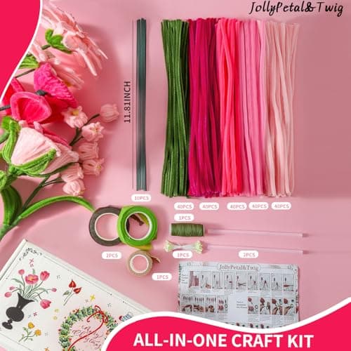 JollyPetal&Twig Pipe Cleaners Craft 5 Colors,Chenille Stems Plush Craft Kit,Pink Pipe Cleaners Flowers Kit with Floral Tape for Wedding Gifts Graduation Bouquet (Pink) view 2