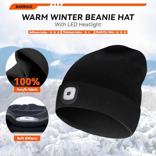 MANWALD LED Beanie Hat with Light, USB Rechargeable LED Headlamp, Gifts for Men, Mens Gifts, Birthday Gifts for Him Dad Husband, Boyfriends, Black view 4