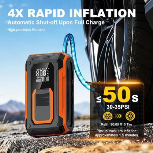 Tire Inflator Portable Air Compressor Cordless Air pump for Car Tires | 4 × Fast Inflation 35L/Min, Auto Shutoff, Dual Power, LED Light, for Car, Motorcycle, Bike, Pickup Truck and Balls view 3