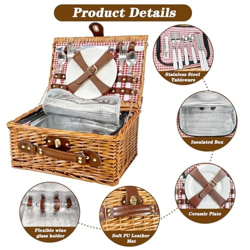 Picnic Basket for 2 - Picnic Basket with Cutlery Kit and Glasses, Insulated Picnic Set with Waterproof Liner, Portable Wicker Picnic Baskets with Lid and Handle for Outdoor, Picnic, Camping, Holidays view 4