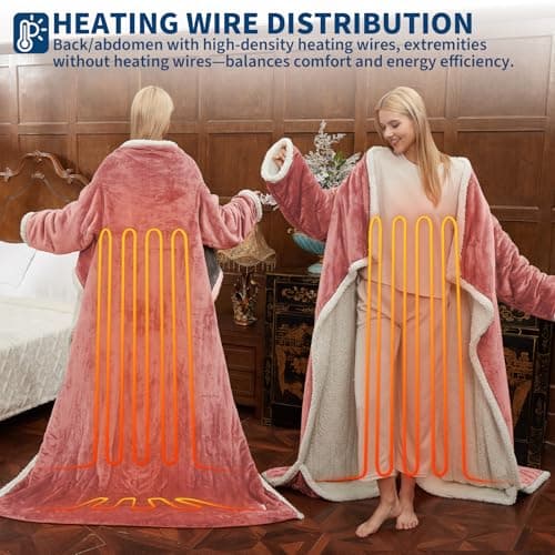 GarveeHome Wearable Heated Blanket with Foot Pocket & Sleeves, Electric Snuggle Throw Blankets, Flannel & Sherpa, 6 Heat Settings & 2–10 H Auto Shut-Off, 50"×70"+18", Pink view 5