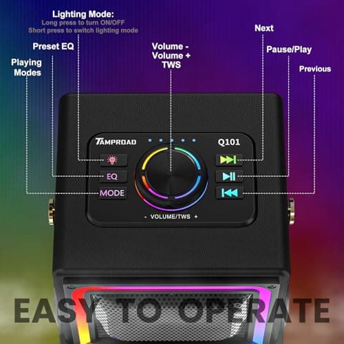 TAMPROAD Bluetooth Speaker, 120W Peak Power Wireless Speakers Boombox with Deep Bass, Portable Loud Stereo Sound Subwoofer with LED Light Show for Party, Outdoor, Camping (Black) view 6