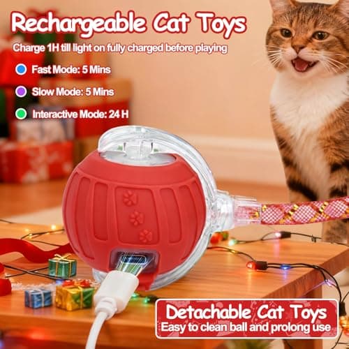 Interactive Cat Toy Ball - Christmas Cat Toys for Indoor Cats with Feather Tails for Chasing, Moving Stimulation Smart Cat Toy for Enrichment, Motion Activated Automatic Rolling Toys to Keep Them Busy view 3