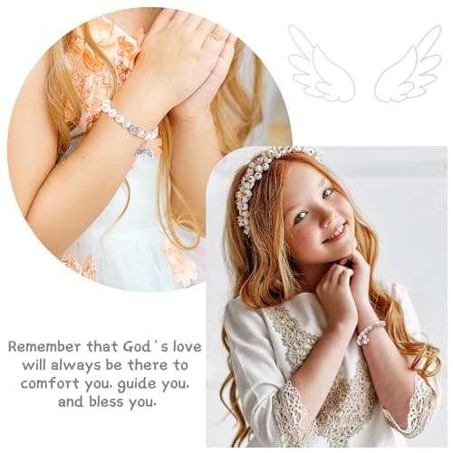 BAYLAY First Communion Gifts for Girls, First Communion Bracelet for Girls, Angel Wings Heart Letter Initial Pearl Bracelet, First Communion Gifts for Girls Catholic, Teen Girls First Communion Gifts view 4