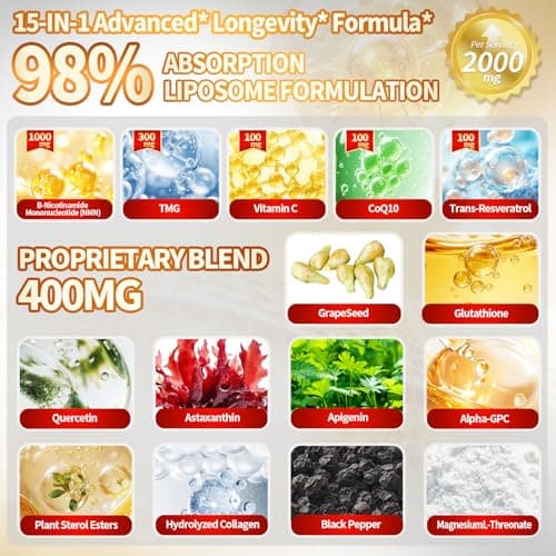 15-in-1 Liposomal NMN Supplement, 2000mg per* Serving*, 120 Day Supply, 99% Pure, NAD+ NMNH Alternative with Nicotinamide Mononucleotide, Resveratrol, TMG, CoQ10, Quercetin & Glutathione, 120 Capsules view 3