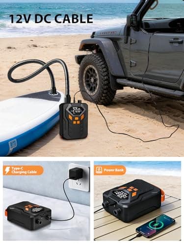 AIRSURE Electric Paddle Board Pump, 20PSI Portable Rechargeable SUP Air Pump, Dual Stage Inflation & Deflation, Auto-Off Air Compressor for Stand Up Paddle Boards, Surfing Kite, Tent, Boat, Kayaks view 4
