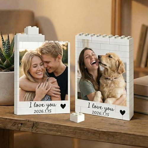 CHENGXINXINXI Personalized Photo Building Brick Frame - Custom Name & Date Picture Block Puzzle, DIY Keepsake for Couples Family Friends, Unique Valentine Holiday Home Decor (Design-2)
