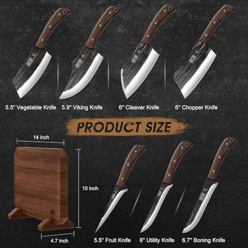 HOSHANHO 8PCS Butcher Kitchen Knife Set, Sharp Magnetic Knife Block Set | Hand Forged High Carbon Stainless Steel Chef Knives Set with Meat Cleaver Knife & Bone Chopper Knives Gift for Men view 2