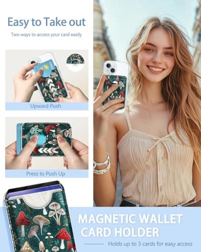 Mavellin for Magsafe Magnetic Phone Wallet, Mushroom Green Magnetic Credit Card Holder Case, Slim RFID Vegan Leather Magnet Wallet Women, Stick on Back for iPhone 16 15 14 13 12 Pro Promax, 3 Cards view 2
