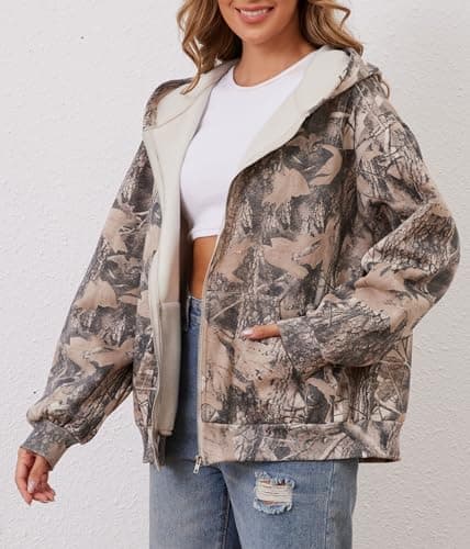 ACCPUR Women Camo Hoodie Oversized Fleece Full Zip Up Sweatshirt Casual Long Sleeve Jackets Trendy Fall Clothes With Pockets view 5