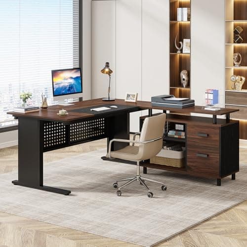 Tribesigns 63 Inch Executive Desk with File Cabinet, Large Office Desk L Shaped Computer Desk with Drawers and Storage Shelves, Business Furniture Desk for Home Office, Dark Walnut and Black view 6