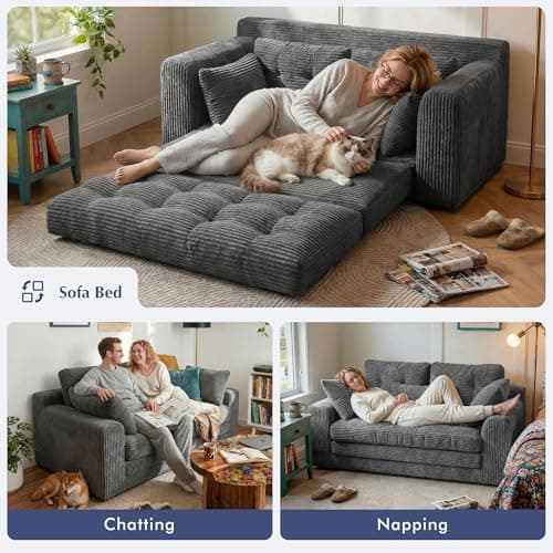 Homkdom Convertible Folding Sofa Bed, 2 in 1 Pull Out Loveseat Sleeper Sofa, Corduroy Futon Couch with Pillows, Tri-Fold Couch for Small Space Living Room Lounge, Space-Saving, Portable, Grey view 4