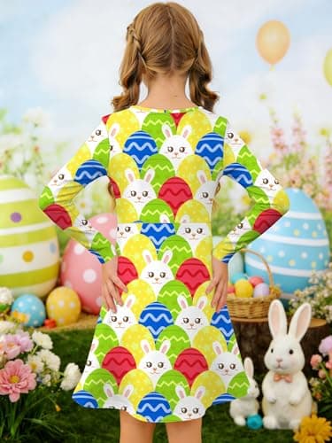 Ithalt Girls Easter Dress Bunny Print Shirts Easter Long Sleeve Dresses Litter Girls Christian Easter Gifts 5-12y view 6