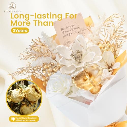 TINGE TIME Preserved Flowers Bouquet, Platinum Faux Rose Bouquets, Eternal Roses Bouquet for Wedding, Table Centerpieces, Mothers Day, Birthday Gifts, Anniversary, Graduation(White & Gold) view 6