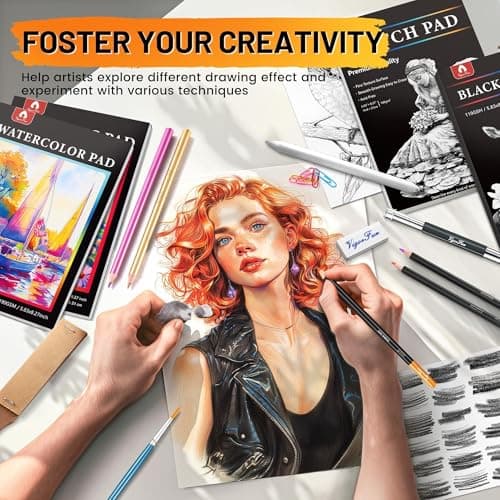 133 PCS Art Supplies Sketching Kit, Pro Drawing Pencils with Sketchbook, Coloring Book, Watercolor Pad, Black Paper Pad, Colored Graphite Charcoal Watercolor & Metallic Pencils for Artists Adults view 7