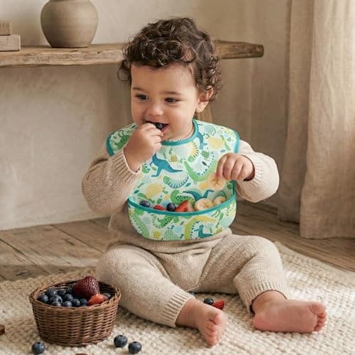 CIVARUA KIDS 3-Pack Waterproof Baby Bibs for Eating - Mess Proof Lightweight Toddler Feeding Bibs with Large Food Catcher, Food-Grade Baby Eating Essentials, Easy to Put On & Clean(Green Animals) view 2