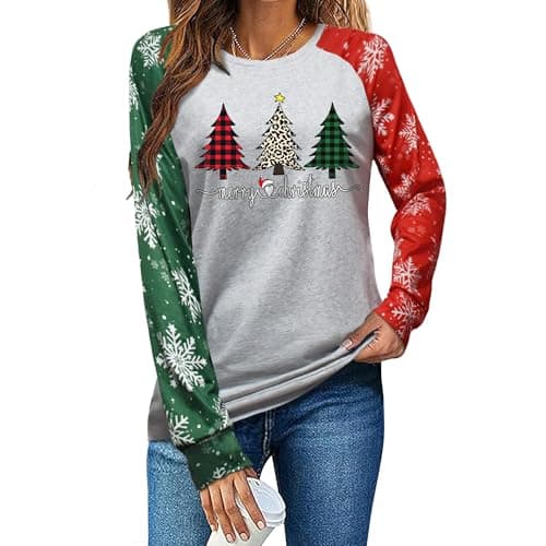 Christmas Shirts for Women:Tree Color Block Long Sleeve Xmas Tops — image 1
