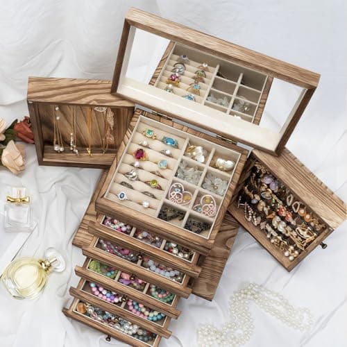 Emfogo Wooden Jewelry Box for Women, 6-Tier Large Jewelry Organizer Boxes with Mirror Rustic Solid Wood jewlery Storage Display for Rings Earrings Necklaces Bracelets watches(Carbonized Brown) view 4