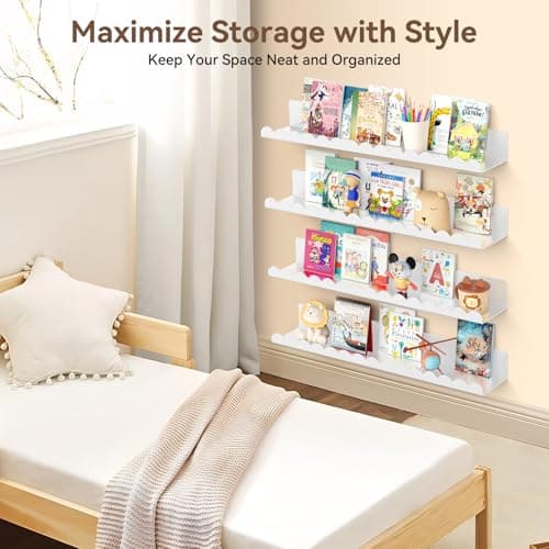 Gattlukd Floating Shelves for Wall, 23 Inch Metal Nursery Book Shelves 4 Pack, Wall Mounted Book Shelf for Kids Room, Bedroom, Bathroom, Playroom Decor （White） view 6