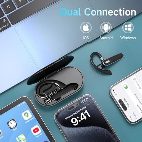 Wireless Single Ear Bluetooth V6.1 Headset, Business Earpiece with Mic | Noise Cancelling Business Headset, 100H Playtime, LED Display, Dual Device Pairing, Mute Button for Office, Driving, Trucker view 3