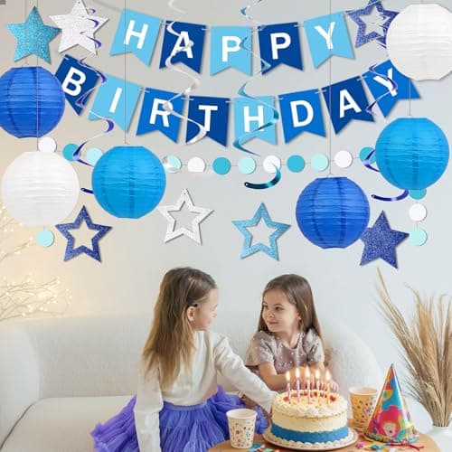Happy Birthday Decorations, Blue Birthday Party Decorations Set with Happy Birthday Banner, Paper Lanterns, Star Swirl Hanging Decorations & Circle Dots Garland view 5