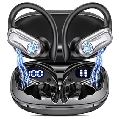 Wireless Earbuds, Sports Bluetooth 6.1 Earhooks Headphones, 90H Playtime LED Charging Case, ENC Noise Cancelling, 16.2mm Driver HiFi Stereo, IPX7 Waterproof Earphones for Running Workout Gym Black