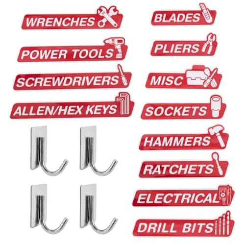 Magnetic Tool Box Labels and Hooks Set, 12 PCS Toolbox Magnetic Labels + 4PCS Self Adhesive Metal Hooks, Reusable Tool Box Accessories Organize Tags for Steel Carts, Drawers, and Cabinets. (Red)