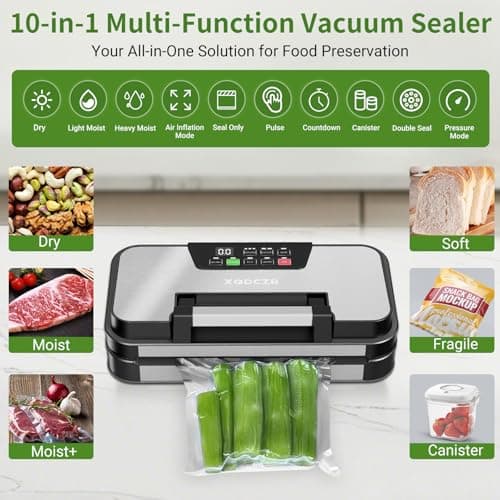 95kPa Vacuum Sealer Machine, Powerful Double Pump 10-in-1 Food Sealing System with Double Heat Seal, Built-in Cutter & Bag Storage, Easy-Lock Handle, Hose, 2 Bag Rolls, Durable Stainless Steel Design view 3
