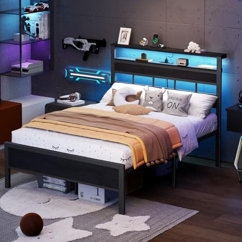Furnulem Full Size Bed Frame with LED Light and Charging Station, Wood Storage Headboard with 2-Tier Shelves, Metal Platform Bed with Heavy Duty Slats Support, No Box Spring Needed, Black Oak view 5