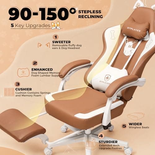 GTPOFFICE Cute Gaming Chair with Cat Ears, Ergonomic Computer Chair with Footrest Cat Paw Lumbar Support Comfortable Reclining Game Chair Desk Chair for Adult Teens, Soft Fabric, Brown view 5