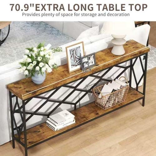 karlott 71" Extra Long Entryway Table, Narrow Console Table, Industrial Sofa Behind Couch Table with Open Storage Shelf, Hallway Table for Entryway, Living Room, Foyer, Entrance, Unique Design, Brown view 4