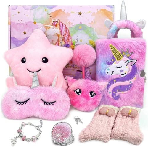 Yafacuha Unicorns Gifts for Girls Toys Tie-Dye Playset Includes Star Stuffed Mirror Diary Eyemask Headband Purse Pen Bracelet and Sock — image 1