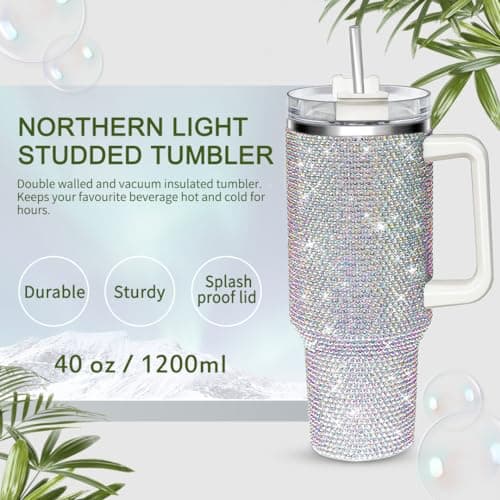 HWISDMIG 40oz Tumbler with Handle-Glitter Rhinestones Tumbler Bling Cups Stainless Steel Water Bottle Diamond Studded Tumbler for Women-Birthday Gifts for Women, Mom, Wife, Girlfriend (40 oz, Shiny) view 3