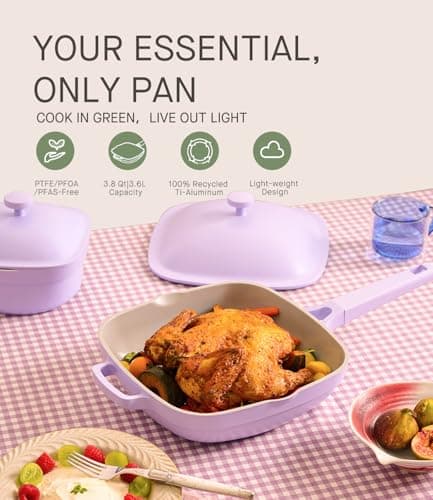 USELUCK 10.5 Inch(3.8QT) Ceramic Pan with Lid,Non Stick Frying Pans Cast Aluminum Deep Sauté Pans,Ti-Ceramic Non Toxic Pix Pan with Wooden Spatula and Scrubber-Dusk Petal view 5