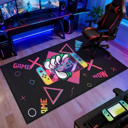 JSEI Gaming Rug for Kids Teens 32"x60" Machine Washable, Video Game Kids Rug with Paw and Controller Pattern, Non-Slip Gaming Floor Carpet Mat for Playroom, Living Room&Bedroom, Black