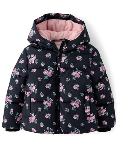The Children's Place,Baby Girls,and Toddler Medium Weight Wind-Resistant, Water-Resistant Puffer Jacket,Black Floral,12 Months,18 Months