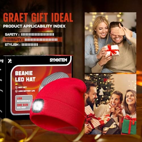 SYMNTEM Unisex Beanie Hat with Light, Rechargeable Headlamps Cap, Gifts for Men, Hiking, Camping headlamps, Cool Gadget Birthday Gifts for Men, Women, Dad, Father, Boyfriend, Red view 2