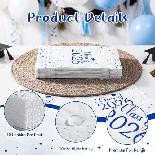 NatNarr 2026 Graduation Napkins, 60 Pcs Disposable Hand Towels for Bathroom Blue Foil Dots Dinner Guest Napkins for High School College Congrats Celebration Party view 4