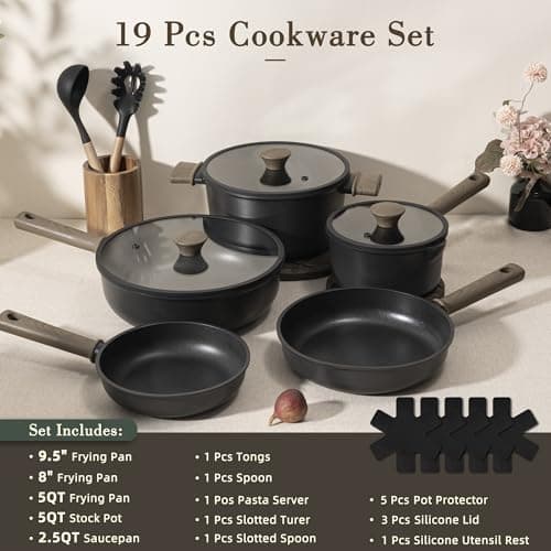 Astercook Non Stick Pots and Pans Set, Healthy Non-Toxic Titanium Induction Kitchen Cookware Sets for Cooking with Frying Pans, PFAS/PTFE/PFOA & PFOS Free, Black, 19 Pcs view 3