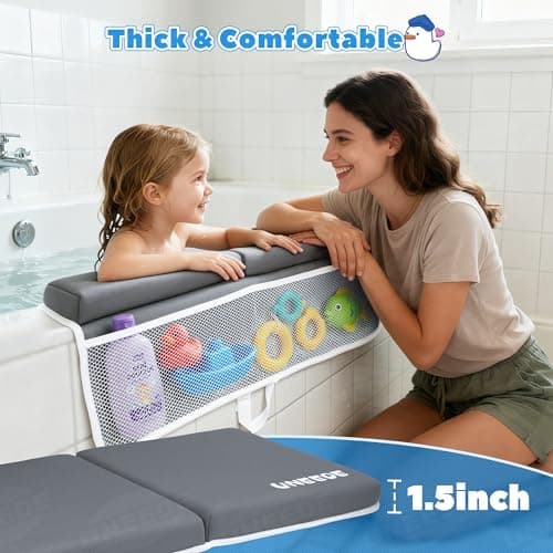 UNEEDE Baby Bath Kneeler and Elbow Rest Pad Set, 1.5” Thick Memory Foam Bath Kneeling Pad with Elbow Support, Bathtub Mat with Toy Organizer for Bathing Infant or Toddler, Grey view 3