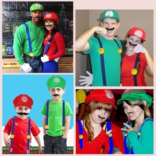 ANCOSJOY Bros Mary & Luigi Hat Costume Mustaches Gloves Buttons for Halloween Costume Cosplay view 2