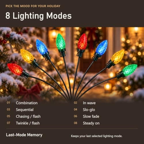 C7 Solar Christmas Decorations Outdoor, Vintage Solar Pathway Stake Lights | Set of 8 Upgraded Base on Solar Firefly Swaying Lights, 8 Lights Modes Waterproof Landscape Xmas Decor for Garden, Yard, Lawn view 2