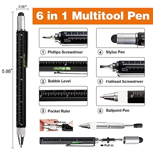 Magnetic Pickup Tool and 6 in 1 Multitool Pen with Touch Screen Stylus, Rulers, Bubble Level, Flathead, Phillips Screwdriver, Ballpoint Pen, BIrthday Gifts for Men, Him, Dad, Mechanic, Women, 2Pack view 4