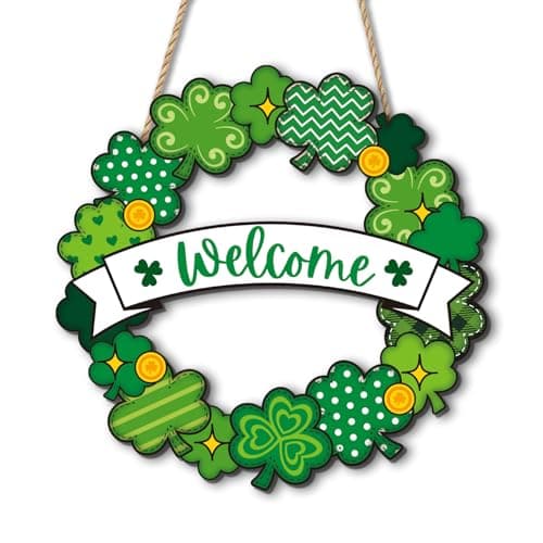 St. Patrick’s Day Decorations, Welcome Shamrock Door Sign, Clover Wooden Hanging Sign, St. Patrick’s Day Shamrock Wreath Door Hanger for Front Door Porch Wall Entryway