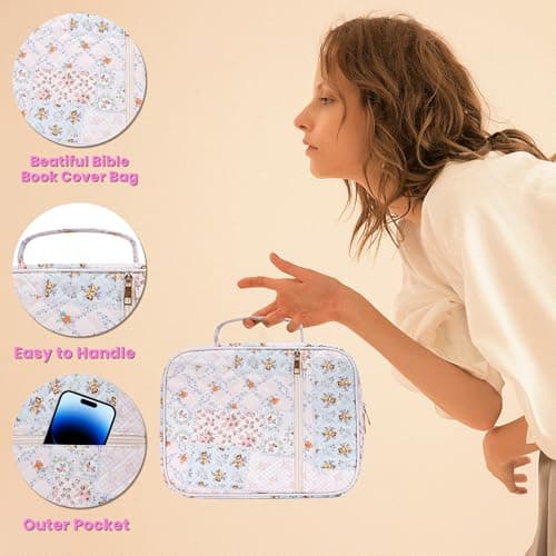 Large Bible Cover for Women, Durable Quilted Tote Bag with Handles, Bible Carry Case for Girls, Bible Study Supplies Accessories（Quilted） view 6