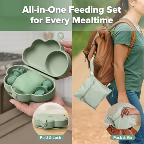 haakaa Cloud Crew Silicone Travel Baby Feeding Set with Foldable Suction Baby Plate, Silicone Bib, Baby Spoon and Fork, Waterproof Travel Bag, 6M+ view 4