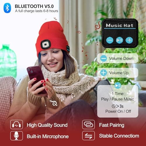 SYMNTEM Gifts for Men, Rechargeable Bluetooth Music Unisex Beanie Hat with Light, Valentines Day Gifts for Him, Birthday Gifts for Men, Women, Red view 2