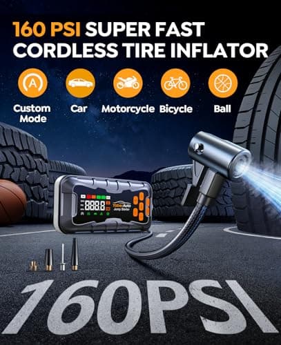 YaberAuto 16-in-1 Jump Starter with Air Compressor 8000A 160PSI Car Battery Jump Starter (All Gas/14L Diesel) 12V Jump Box Car Battery Jumper Starter Portable Jumper Cables, Emergency Tool Kit, Gloves view 3